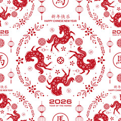 Seamless pattern with Asian elements for happy Chinese new year of the Horse 2026
