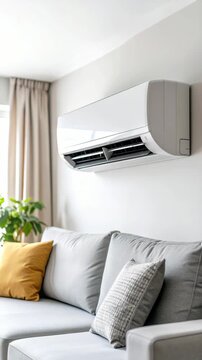 White split system air conditioner mounted above a gray couch in living room, interior design, potted plant, neutral colors, and bright sunlight.