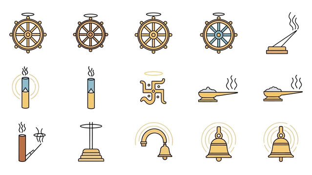Array of Buddhist symbols dharma wheels incense candles swastika and bells