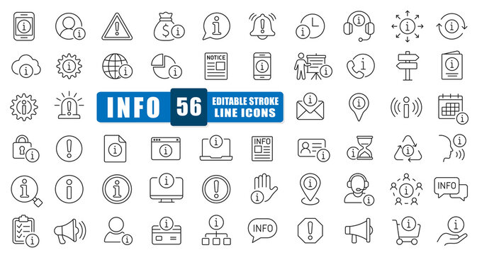 Information Line Icon Vector Set. A Collection Of 54 Thin Line Editable Stroke Icons Representing Help, Support, Alerts, Tips, And Communication. Perfect For Websites, Apps, Customer Service. Isolated