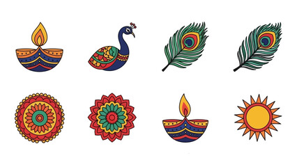 Assortment of colorful religious symbols including lamps peacock feather sun and flower designs