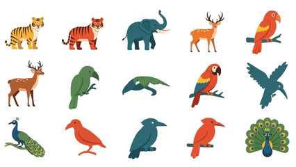 Colorful cartoon animals include tigers deer birds peacock and an elephant against a white background