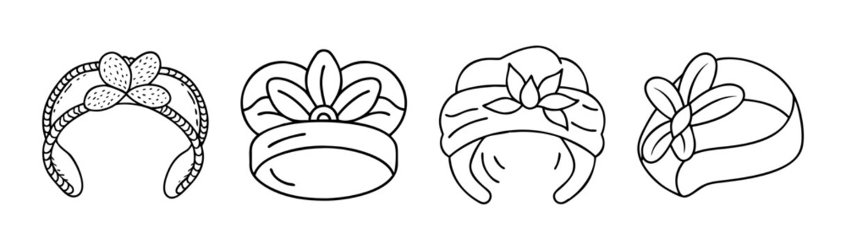 Elegant women's headwear collection: headbands, crowns, turbans, and hats.