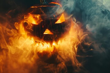 Spooky carved pumpkin is burning with orange flames and smoke, creating halloween atmosphere