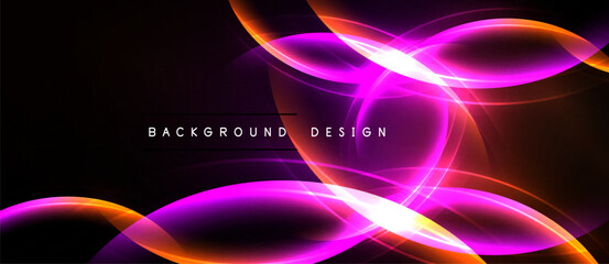 Abstract design features vibrant pink, orange curves against black backdrop. Dynamic light effects create modern visual impact.