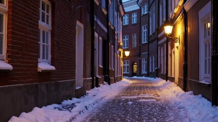 Winter night walk through snowy historic alley with warm lighting and brick buildings - Powered by Adobe