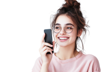 Happy young woman with messy bun and glasses using smartphone, isolated on white isolated on transparent background