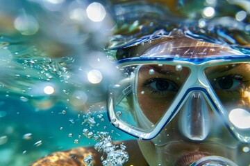 Tourist snorkeling underwater in turquoise tropical sea emits air bubbles