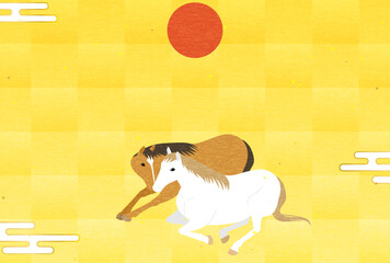 2026年午年の年賀状、顔を寄せ合う二頭の馬と初日の出