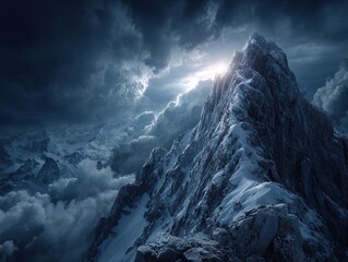 A towering snow-covered mountain rising through swirling storm clouds as a faint light breaks above the peak, creating an epic dramatic scene of nature’s raw power