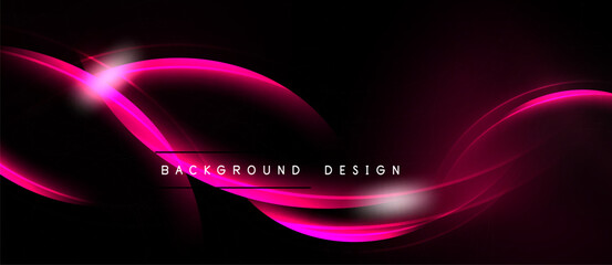 Abstract pink waves over black background. Smooth curves create dynamic visual effect. Modern design element for digital projects.