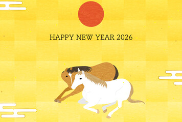 2026年午年の年賀状、顔を寄せ合う二頭の馬と初日の出