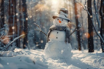 Obraz premium Charming snowman with hat and scarf enjoys snowfall in beautiful winter forest