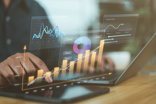Financial charts and investment graphs on a tablet, representing data dashboards, market analysis, and insights for finance growth, stock performance, and business strategy. - Powered by Adobe