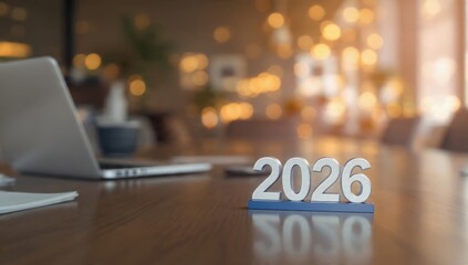 Professional setting close-up of 3D silver "2026" on a wooden conference table, representing business goals, future planning, and corporate strategy against a warm bokeh background.