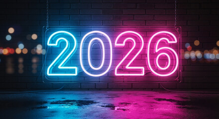 Neon 2026 sign glowing in pink and blue colors on brick wall  