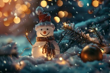 Christmas night scene featuring a glowing snowman surrounded by snow, christmas lights, and falling snowflakes