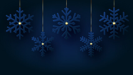 Christmas card with snowflakes decorated gold shining stars on navy background