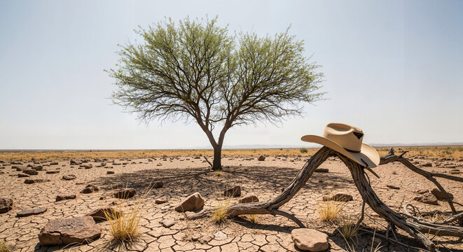 Single lonely mesquite tree casting small shadow in dry land with abandoned hat  