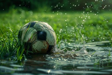Worn out soccer ball making a splash in a puddle on a lush green field after the rain