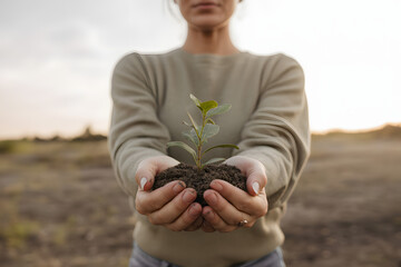 sustainability concept with seedling growing in human hands