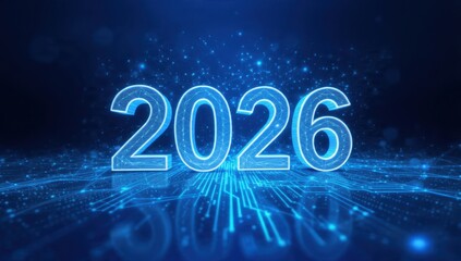 2026 Technology Future Concept. Glowing neon digital year number on a blue circuit board background representing innovation, network, AI, and business growth.