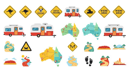 An array of Australian symbols  icons kangaroo signs maps caravans  landscapes illustrating travel  tourism © Donjuan Studio