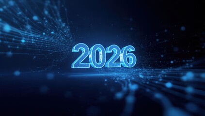 2026 year glowing blue neon number with abstract futuristic data stream, plexus connection network background. Concept of digital transformation, innovation, and future technology.