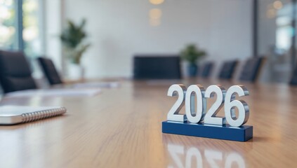 Silver numbers 2026 on a wooden boardroom table, symbolizing future business strategy, annual corporate goals, and executive planning meeting.