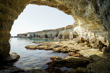 Sea Caves of Ayia Napa, beautiful rock formation near Cape Greco, popular tourist landmark and cliff jumping destination, Cyprus