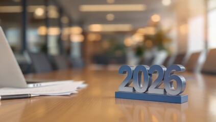 Strategic business planning meeting setup with 3D 2026 numbers on a boardroom table, symbolizing future goals, financial projections, and annual outlook.