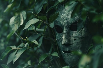 Metal mask with a scary expression, hidden in the leaves of a bush, creating a mysterious and intriguing atmosphere