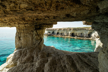 Amazing Sea Caves of Ayia Napa, beautiful rock formation near Cape Greco, popular tourist destination, Cyprus
