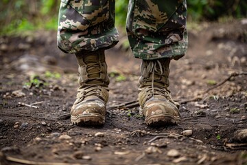 Obraz premium Close up of soldier's muddy boots on dirt path, highlighting military presence and rugged terrain