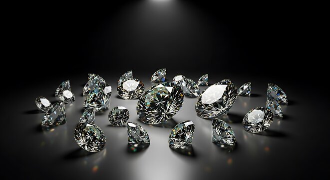 A collection of brilliant cut diamonds under a spotlight on a dark reflective surface.