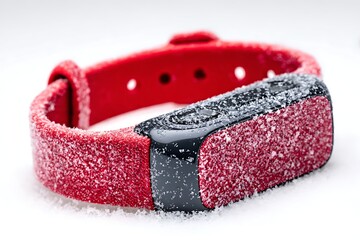 Red fitness tracker with snow isolated on white background for winter season