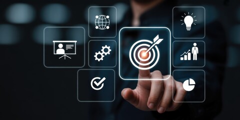 Fototapeta premium Hitting the Bullseye: a person pointing at a target, showcasing precision and accuracy in the realm of business. The image symbolizes strategic planning, objective setting.