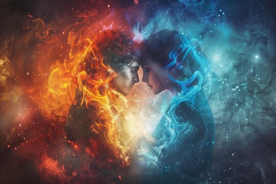 Man and woman lovingly facing each other, surrounded by fire and ice elements, symbolizing the attraction of opposites