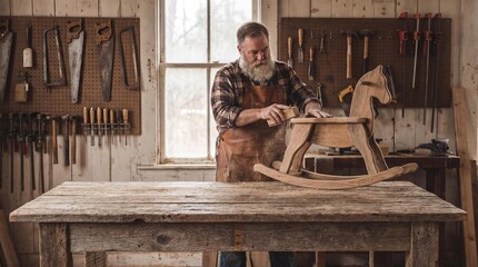 Experienced bearded carpenter sanding a handcrafted wooden rocking horse in his rustic workshop, surrounded by traditional tools and natural light.