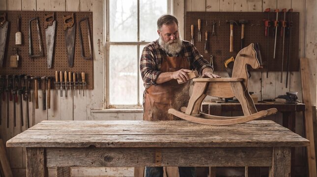 Experienced bearded carpenter sanding a handcrafted wooden rocking horse in his rustic workshop, surrounded by traditional tools and natural light.