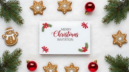 Festive Christmas Invitation Card with Gingerbread Cookies and Holiday Decor.