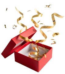Open Red Gift Box with Golden Ribbons and Confetti