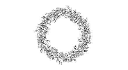 Hand-drawn elegant botanical wreath illustration with delicate leaves and blooming roses, perfect for decorative design.