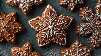 festive gingerbread snowflake cookies with icing decoration isolated holiday baking decor ideas christmas new year winter holidays
