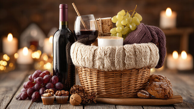 Cozy holiday gift hamper with wine, grapes, and gourmet treats in a warm winter setting