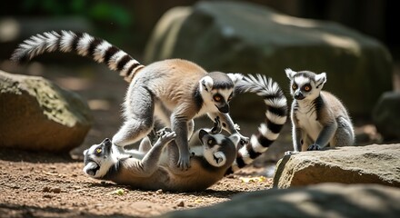 Fototapeta premium Playful Ring-Tailed Lemurs Engaging in Lively Interaction on the Ground.