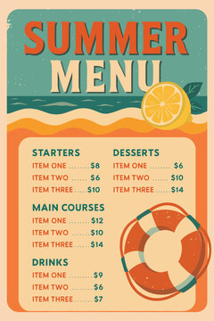 A vintage-inspired summer menu poster with a seaside vibe, featuring sections for starters, main courses, desserts and drinks, plus playful price dots and a bright lemon accent.