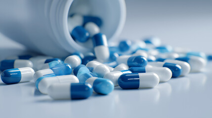 Blue and White Capsules Spilled from Bottle &ndash; Antibiotics, Healthcare and Pharmaceutical Medicine Concept