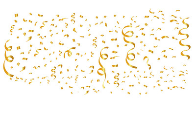 Sparkling golden confetti and streamers cascade against a dark background creating a festive celebratory atmosphere