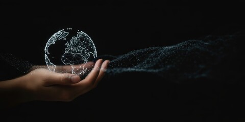 Global Perspective: A hand cradles a digital representation of the Earth, symbolizing global connectivity and sustainability, with abstract elements and a sleek, dark aesthetic.